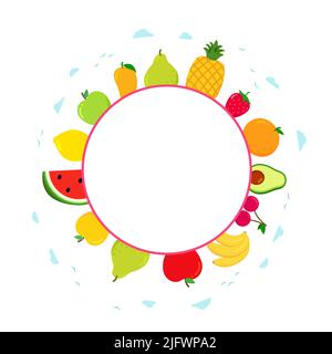Sommerfrucht. Kreisrahmen mit frischem Obst. Erdbeere, Kirsche, Wassermelone, Apfel, Birne, Stock Vektor