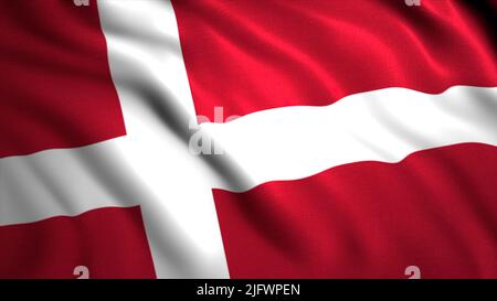 Die leuchtend rote Flagge Dänemarks.Motion.das nationale Symbol Dänemarks mit einem weißen Kreuz, hergestellt in Computergrafiken. Hochwertige 4K-Aufnahmen Stockfoto