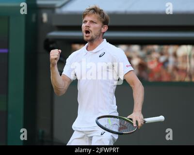 Wimbledon, Großbritannien, 05/07/2022, der Belgier David Goffin feiert am Dienstag, den 05. Juli 2022, während eines Tennisturniers gegen Großbritannien Norrie im Finale 1/8 des Männer-Einzelturniers beim Wimbledon Grand-Slam-Tennisturnier 2022 im All England Tennis Club im Südwesten Londons, Großbritannien. BELGA FOTO BENOIT DOPPAGNE Stockfoto