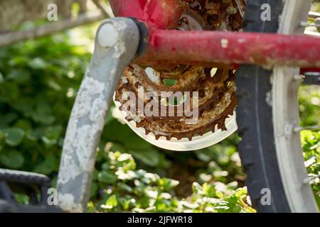 Nahaufnahme eines alten rostigen Fahrrads. Zerstörte Zahnräder. Pedal im Vordergrund. MTB Zweirad ist ein Seefund. Stockfoto