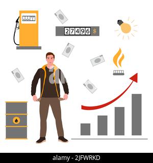 Vektorgrafik der Mensch ist aufgebracht. Steigende Preise. Hohe Preise für natürliche Ressourcen. Verbindlichkeiten von Energieversorgungsunternehmen. Einsparung von Haushaltsbudget. Höhere Kosten. Geld. Gestresst Stock Vektor