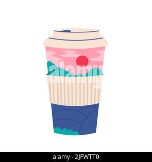 Tasse Kaffee oder Tee mit Landschaft im Inneren. Ein Glas Kaffee zum Annehmen. Berge, Hügel, Himmel und Wolken. Vektor trendigen Stil, isoliert auf weißem Hintergrund Stock Vektor