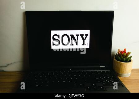 KONSKIE, POLEN – 05. Juli 2022: Das Sony Firmenlogo wird auf dem Bildschirm des Laptops angezeigt Stockfoto