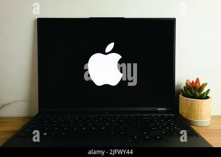 KONSKIE, POLEN - 05. Juli 2022: Apple Firmenlogo wird auf dem Laptop-Computerbildschirm angezeigt Stockfoto