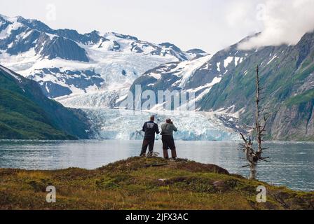 Surprise Glacier - aufgenommen während einer USGS-Reise nach Alaska, um Gletscherschmelze und andere klimarelevanten Forschungen zu katalogisieren. Surprise Glacier ist ein Gletscher im Denali National Park und im US-Bundesstaat Alaska. Der Gletscher beginnt in der Alaska Range nahe Mount Dall und bewegt sich nach Westen. Seine Endstation ist die Quelle des Flusses Tonzona. Kredit: DBecker/USGS Stockfoto