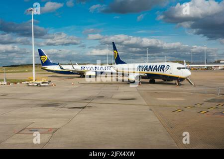 Zwei Ryanair-Flugzeuge parkten am Flughafen London Stansted. Der Flughafen London Stansted ist ein internationaler Flughafen in Stansted Mountfitchet, Uttlesford Stockfoto