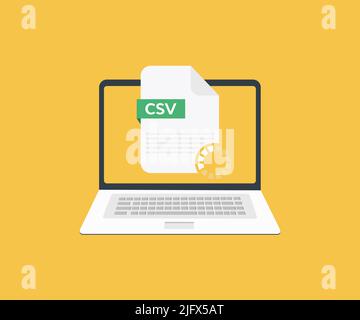 Laptop-CSV-Datei auf dem Bildschirm, kommagetrennte Werte Dokumenttyp Logo-Design. Downoald-Datei mit CSV-Etikettenvektor-Design und Illustration. Stock Vektor