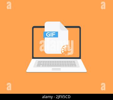 Laptop und GIF-Datei Logo-Design herunterladen. Konzept zum Herunterladen von Dokumenten, Herunterladen von Pfeil, einfaches Herunterladen von Symbolvektoren und Illustrationen. Stock Vektor