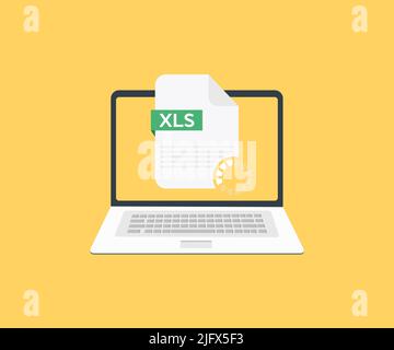 Laptop und laden Sie das XLS-Logo herunter. Download xls Taste, Excel Type Vektor-Design und Illustration. Stock Vektor