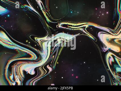 Black Retro nostalgisch Dunkler abstrakter Marmorhimmel mit Sternen und regenbogenfarbenen, pastellfarbenen Nebeln Stockfoto