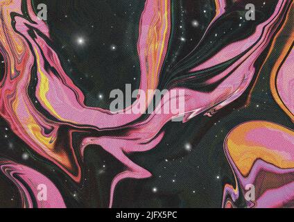 Retro-Textur nostalgischer abstrakter Weltraum-Kosmos in Pink und Schwarz mit marmorierten Universum-Wirbeln Stockfoto