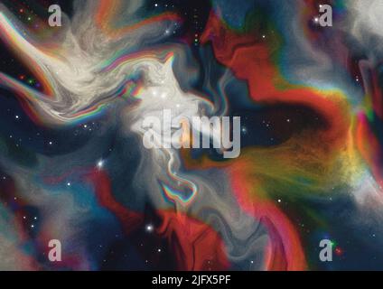 Abstrakt Retro Misty Space Universum und marmorierte chromatische Aberration Glitch RBG Regenbogen Wirbel Stockfoto