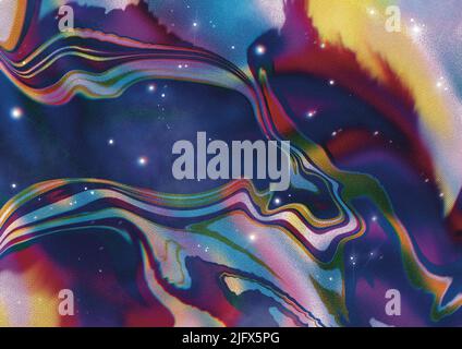 Purpurblau marmorierter Retro-Weltraumhimmel mit Sternen und Körnergeräuschen Halbtonpapier Texturen Fotokopie Stockfoto