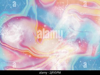 Pastellrosa Kaugummi und blau marmorierte Retro-Weltraumhimmel mit Sternen und Kornrauschen Halbtonpapier Texturen Stockfoto