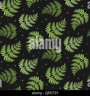 Grüne Farnblätter auf dunklem Hintergrund nahtloses Muster. Botanische Abbildung Stock Vektor