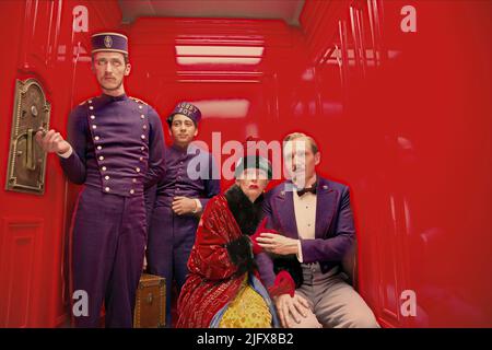 SCHLASE, REVOLORI, SWINTON, FIENNES, das GRAND HOTEL BUDAPEST, 2014 Stockfoto