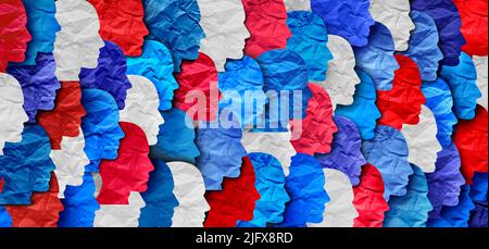 National Citizen Konzept und vereinigte Gemeinschaft als amerikanische Französisch britischen und russischen und Australien Flaggen Farben mit rot weiß und blau repräsentieren. Stockfoto