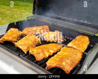 Rippchen mit Trockenreibewürzen beim Kochen auf einem Grill im Freien Stockfoto