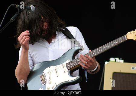 Der schottische Act Biffy Clyro spielt das Download Festival. Die jährliche Veranstaltung findet im Donington Park statt und umfasst nun das Ozzfest. Stockfoto