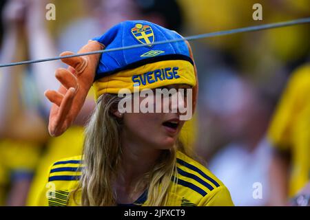 Stockholm, Schweden. 28.. Juni 2022. Stockholm, Schweden, 28. 2022. Juni: Schweden-Fan beim internationalen Freundschaftsspiel zwischen Schweden und Brasilien in der Friends Arena in Stockholm, Schweden. (Daniela Porcelli /SPP) Quelle: SPP Sport Press Foto. /Alamy Live News Stockfoto