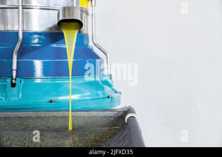 Produktionsprozess von nativem Olivenöl extra in der Fabrik. Olivenöl gießt aus dem Hahn der Spinnmaschine. Speicherplatz kopieren Stockfoto