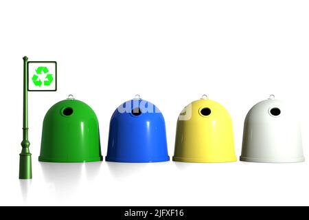 Recicle Bins mit Recycling-Schild in weiß isoliert. 3D Abbildung Stockfoto