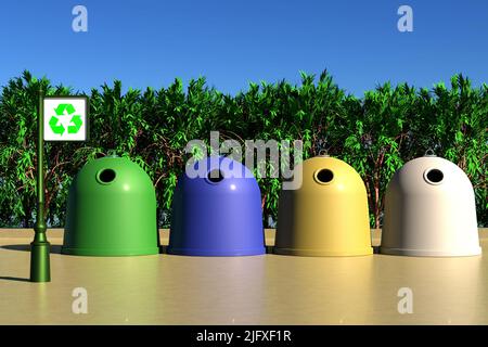 Behälter mit Recycling-Schild. 3D Abbildung Stockfoto