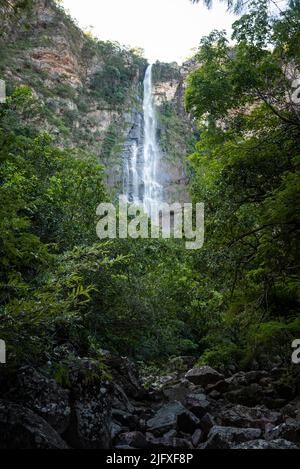 Schöne Aussicht auf den großen wilden grünen Wasserfall und die felsige Wand Stockfoto