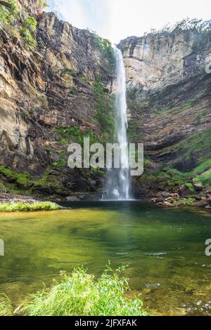 Schöne Aussicht auf den großen wilden grünen Wasserfall und die felsige Wand Stockfoto