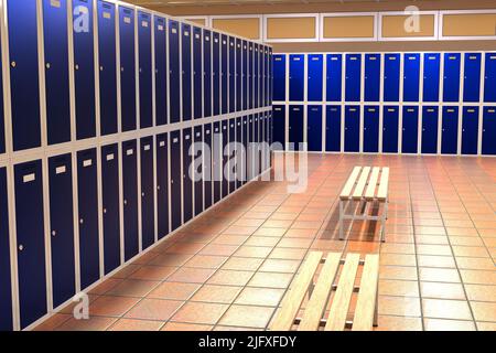 Umkleideraum mit blauen Schließfächern. 3D Rendern Stockfoto