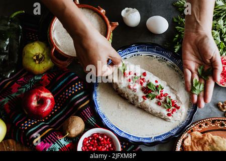 mexikanische Frau Kochen Chiles en nogada Rezept mit Poblano Chili und Zutaten, traditionelles Gericht in Puebla Mexiko Stockfoto