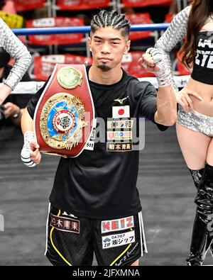 Tokio, Japan. 29.. Juni 2022. Kosei Tanaka aus Japan gewann am 29. Juni 2022 in der Korakuen Hall in Tokio, Japan, den WBO Asia Pacific Superflyweight-Titel. Quelle: Hiroaki Finito Yamaguchi/AFLO/Alamy Live News Stockfoto