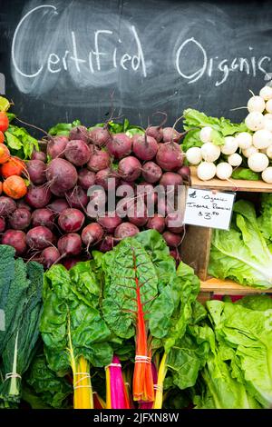 Zertifiziertes Bio-Gemüse (rote Rüben, Grünkohl, weiße Rüben) auf dem lokalen Bauernmarkt am Granville Island Market auf Granville Island, Vanco Stockfoto