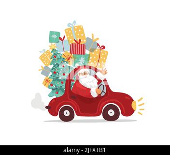 Der Weihnachtsmann in einem Auto mit vielen Geschenken und einem Weihnachtsbaum. Lustige und niedliche weihnachtsfigur für Design, Karte, Banner. Flacher Cartoon Vektor Wint Stock Vektor