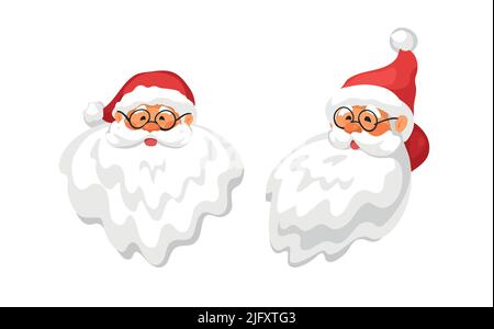 Porträt des Weihnachtsmannes vorne und Profil. Weihnachtsmann Kopf mit Bart, Brille und Hut. Nette weihnachten isoliert Charakter, flache Cartoon-Vektor illustrati Stock Vektor