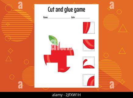 Schneiden und kleben Spiel für Kinder mit Früchten. Schneidpraxis für Vorschulkinder. Bildungsseite Stock Vektor