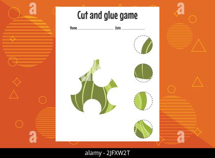 Schneiden und kleben Spiel für Kinder mit Früchten. Schneidpraxis für Vorschulkinder. Bildungsseite Stock Vektor