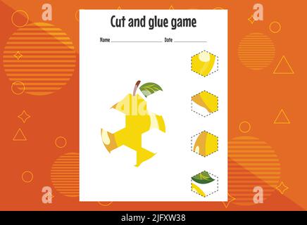 Schneiden und kleben Spiel für Kinder mit Früchten. Schneidpraxis für Vorschulkinder. Bildungsseite Stock Vektor