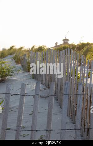 Rustikaler Zaun umzäunt die wunderschönen Sanddünen des Ozeans und des Strandes von Cape May New Jersey Stockfoto