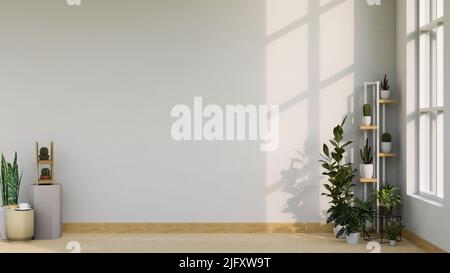 Kopieren Sie Platz für die Anzeige Ihres Textes oder Produkts auf dem Holzboden in minimalem Weiß und hellen Raum mit Pflanzen und Dekors im Innenbereich. 3D Rendering, 3D illustrr Stockfoto