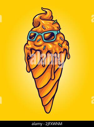 Funky Eis geschmolzen mit Sonnenbrillen Vektor-Illustrationen für Ihre Arbeit Logo, Merchandise T-Shirt, Aufkleber und Label-Designs, Poster, Grußkarte Stock Vektor