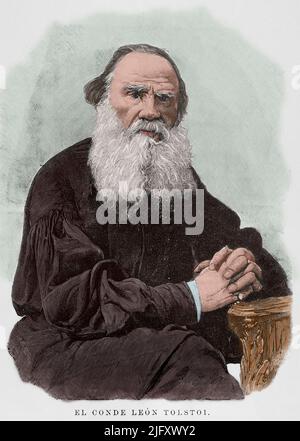 Leo Tolstoi (Lew Nikolajewitsch Tolstoi) (1828-1910). Russischer Schriftsteller. Hochformat. Gravur von Carretero. Spätere Färbung. La Ilustración Española y Americana, 1898. Autor: Arturo Carretero (ca. 1852-1903). Spanischer Gravierer. Stockfoto