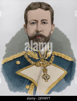 Heinrich von Preußen (1862-1929). Prinz von Preußen. Der jüngere Bruder des deutschen Kaiser Willian II von Preußen. Marineoffizier, hielt er verschiedene Kommandos in der Kaiserlichen Deutschen Marine und stieg schließlich in den Rang eines Großadmirals. Hochformat. Gravur von Matute. Spätere Färbung. La Ilustración Española y Americana, 1898. Stockfoto