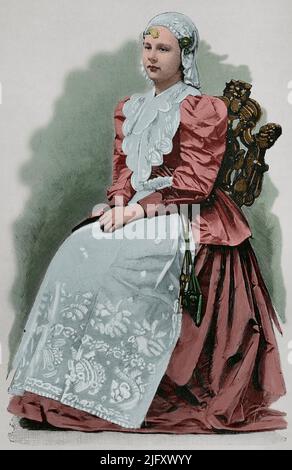 Wilhelmina von den Niederlanden (1880-1962). Königin der Niederlande von 1890 bis 1948. Haus Oranien-Nassau. Königin Wilhelmina in traditioneller Tracht. Gravur. Spätere Färbung. La Ilustración Española y Americana, 1898. Stockfoto