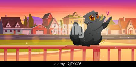 Nette Katze, die auf der Terrasse mit Schmetterling spielt, mit Blick auf den Sonnenuntergang des Vorstadtviertels mit Cottage-Häusern und grünem Rasen. Cartoon lustige schwarze Kätzchen versuchen, fliegende Insekten fangen, Vektor-Illustration Stock Vektor
