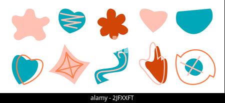 Handgezeichnete Linie Kontur Blume und abstrakte Formen, Pflanzen-und Herzobjekte in rosa und blauen Farben gesetzt. Minimalistische geometrische Formen. Design für Banner, Broschüren und Covers. Vektorgrafik Stock Vektor