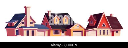 Vorstadthäuser außen, Wohngebäude vor. Vector Cartoon Set von Hütten mit Garagen auf Vorort District Straße. Moderne Immobilien auf weißem Hintergrund isoliert Stock Vektor