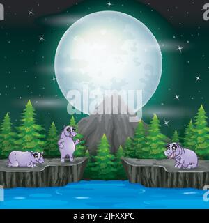 Glücklich eine Gruppe Flusspferde in der Nachtlandschaft Stock Vektor