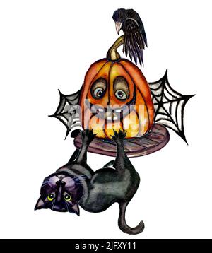 Aquarell niedlichen halloween-Illustration der schwarzen Katze hängt auf Pumpkin, Rabe sitzt auf Pumpkin mit Web, isoliert auf weißem Hintergrund. Cartoon glücklich Stockfoto