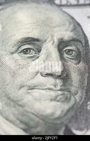 100 Dolar Banknote USA Nahaufnahme. Franklin Makro. Hundert US-Dollar. Stockfoto